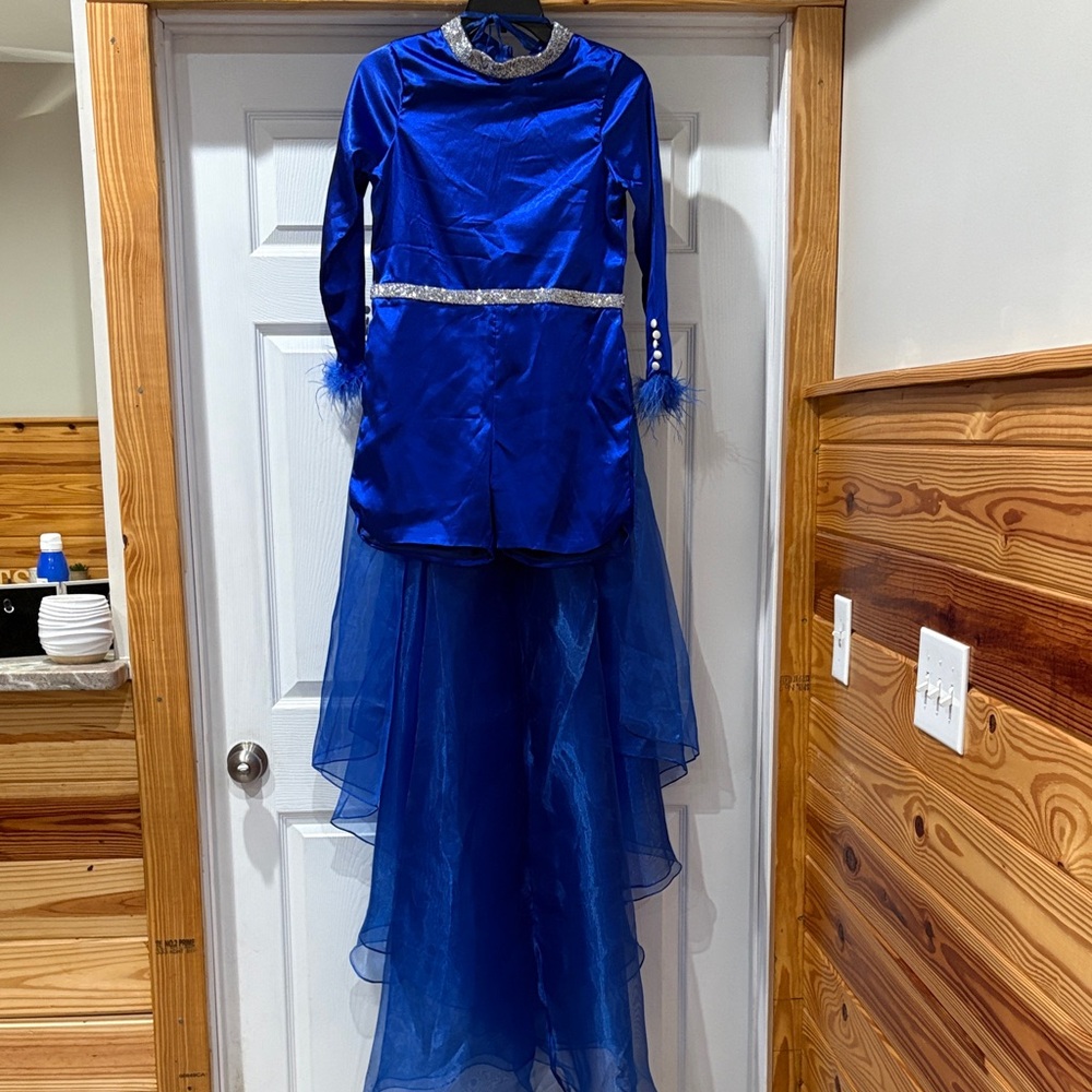 Blue Satin Jumpsuit with Feathers